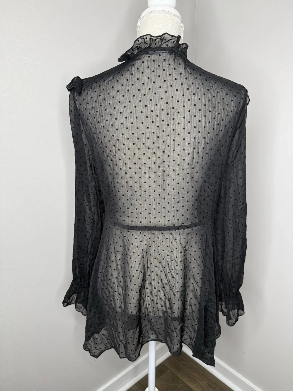 Zara Black Sheer Polka-Dot Ruffle Blouse - Picture 5 of 7